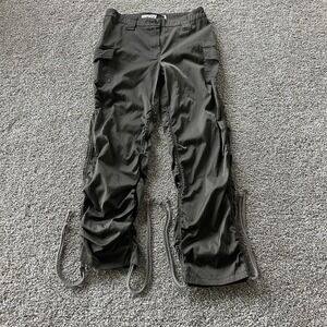 Y2K V Jeans Cargo Pants Womens 12 Green Nylon Blend Ruched Straight Leg Stretch
